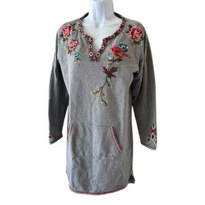 DRIFTWOOD Embroidered Floral Sweatshirt Dress Gray 100%Cotton Size Large